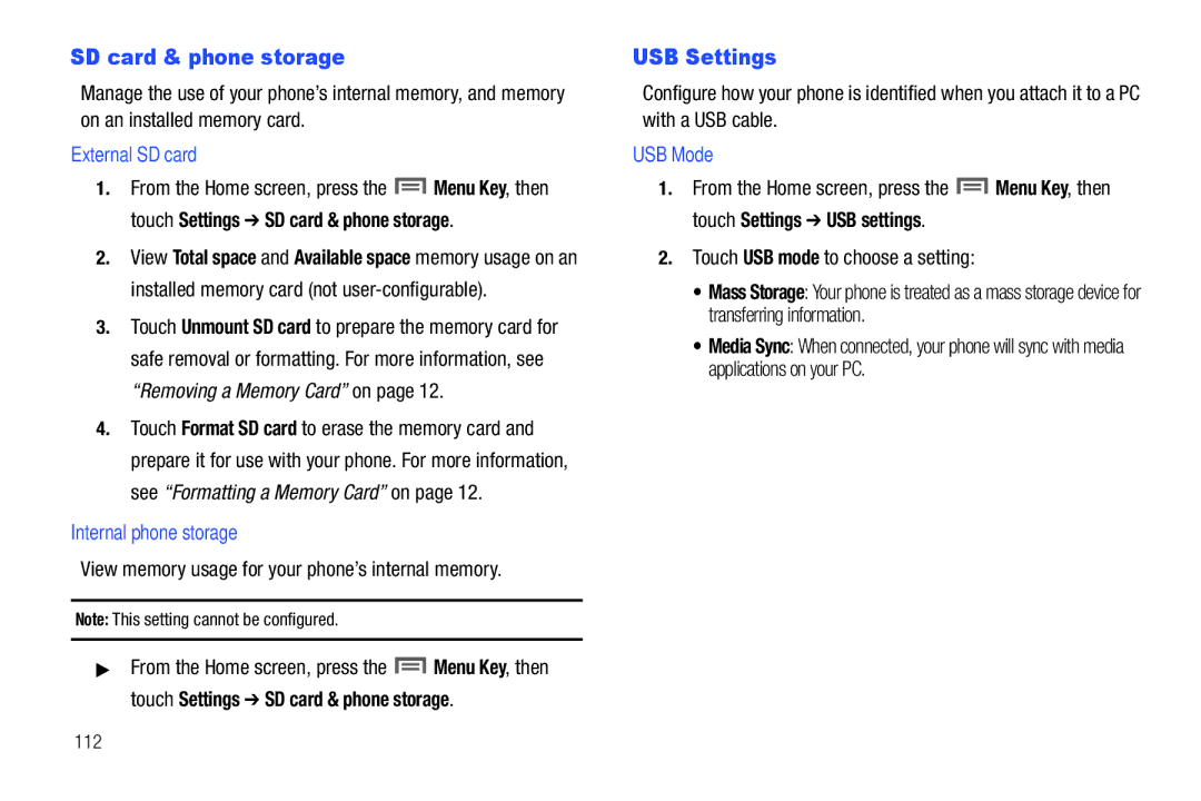 Samsung GH68-2863 user manual SD card & phone storage, USB Settings, External SD card, Internal phone storage, USB Mode 