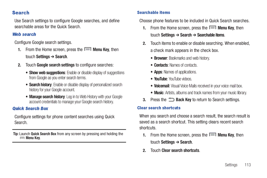 Samsung GH68-2863 user manual Web search, Configure Google search settings, Quick Search Box 