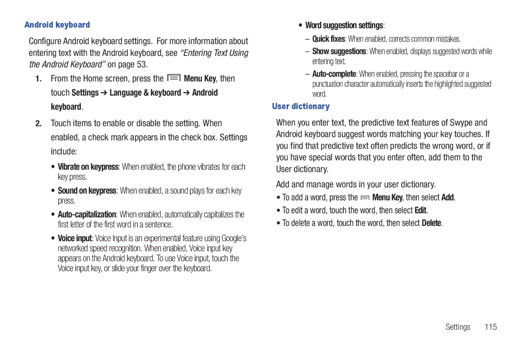 Samsung GH68-2863 user manual Word suggestion settings, Android keyboard, User dictionary 