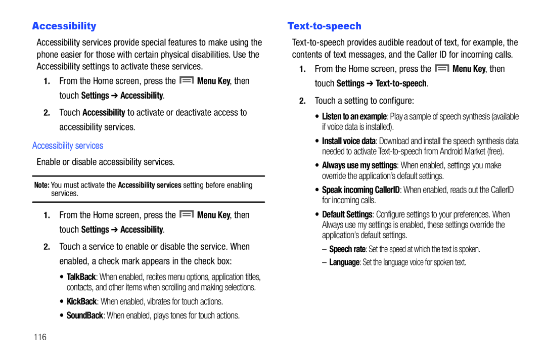 Samsung GH68-2863 user manual Text-to-speech, Accessibility services, Enable or disable accessibility services 