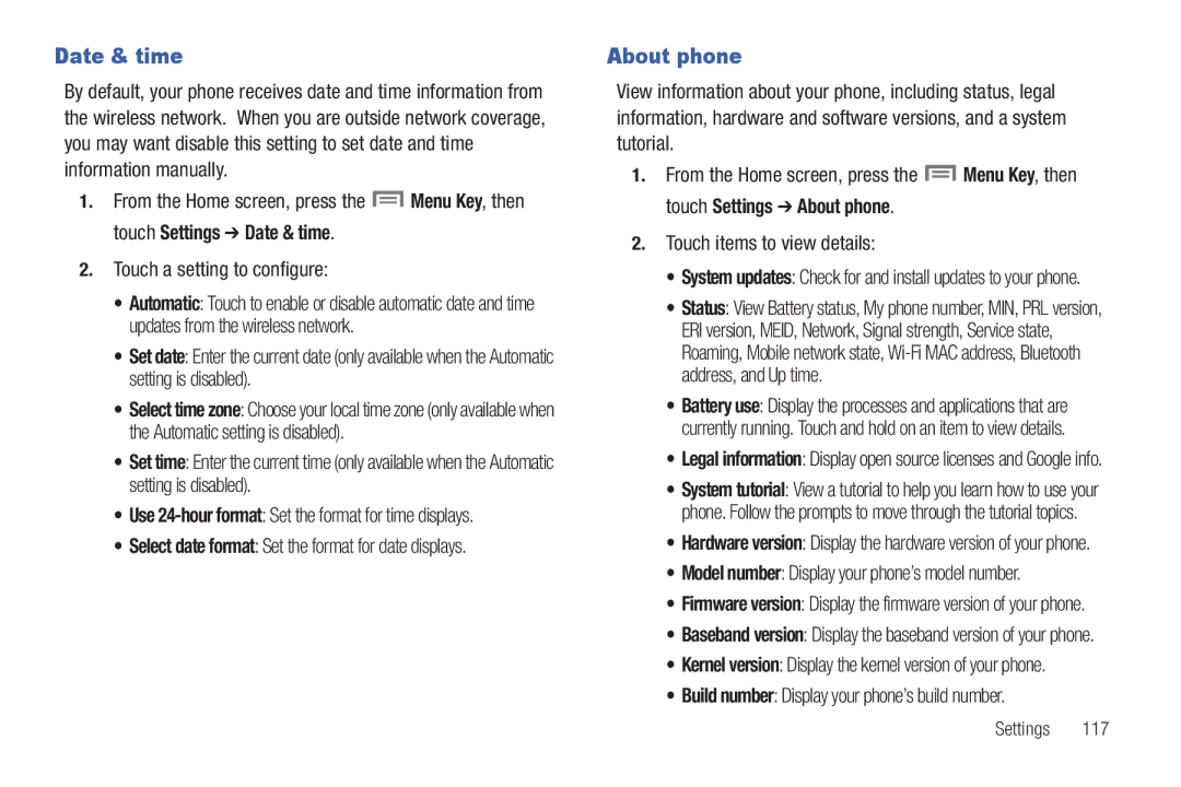 Samsung GH68-2863 Date & time, About phone, Touch items to view details, Build number Display your phone’s build number 