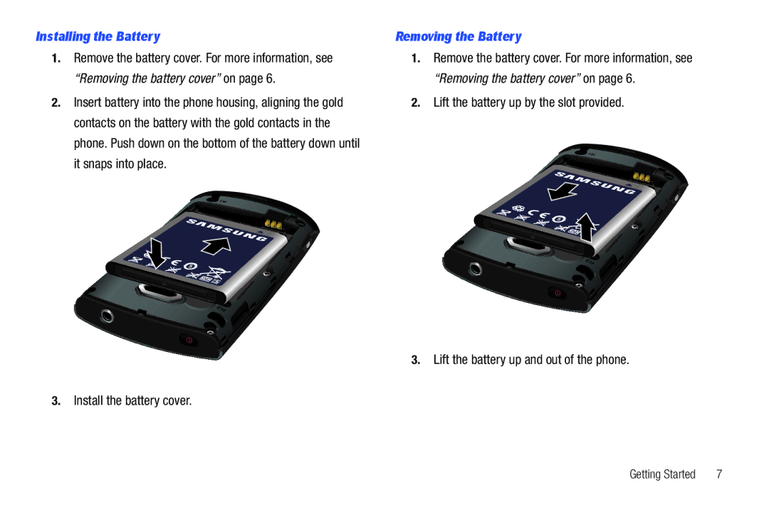 Samsung GH68-2863 user manual Installing the Battery, Install the battery cover, Removing the Battery 