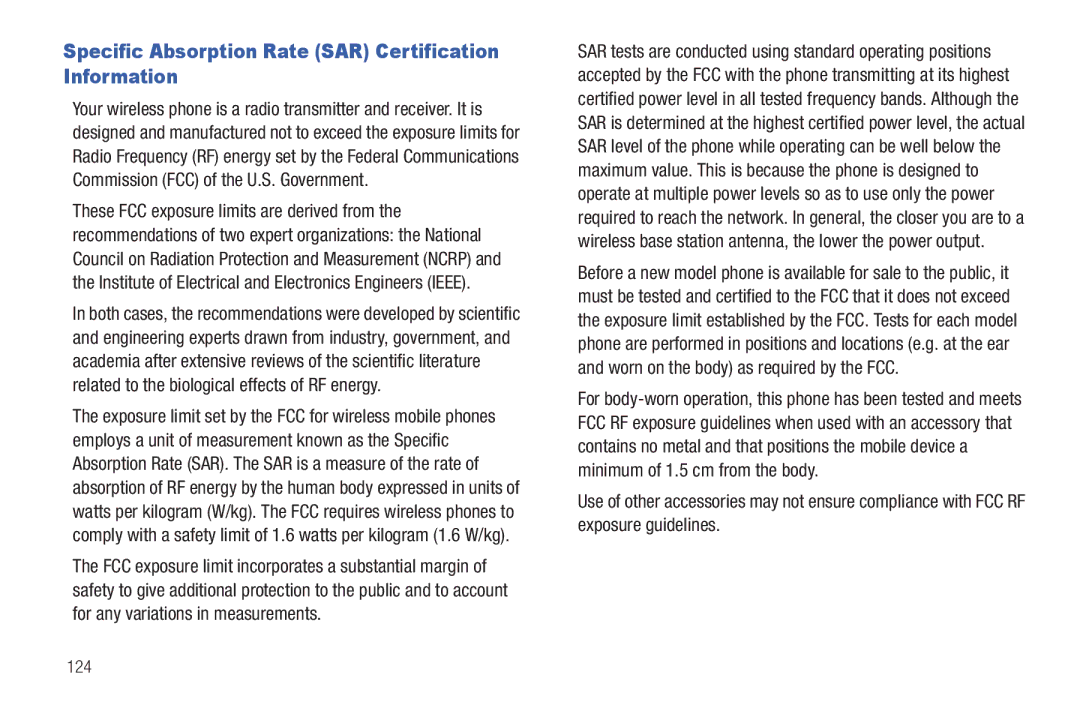 Samsung GH68-2863 user manual Specific Absorption Rate SAR Certification Information, 124 