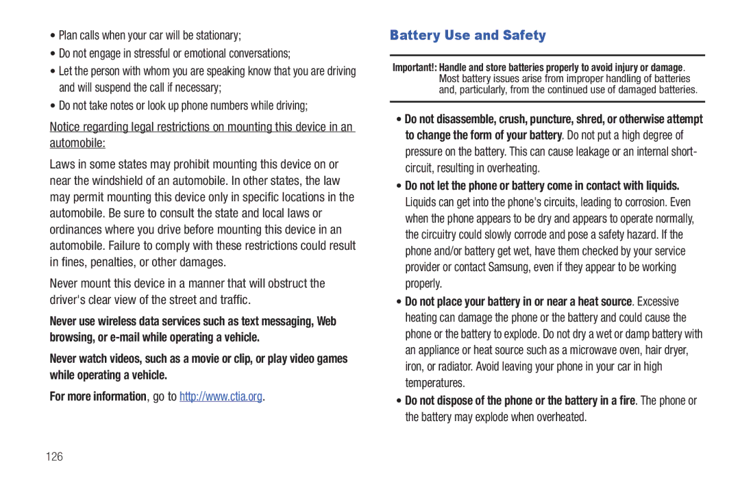 Samsung GH68-2863 user manual Battery Use and Safety, 126 