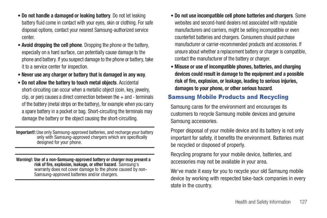 Samsung GH68-2863 user manual Samsung Mobile Products and Recycling, 127 