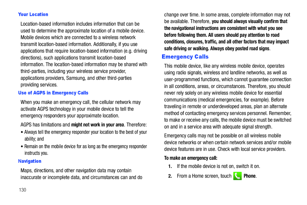 Samsung GH68-2863 user manual To make an emergency call, Your Location, Use of Agps in Emergency Calls, Navigation 