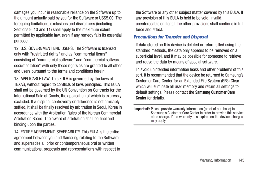 Samsung GH68-2863 user manual Precautions for Transfer and Disposal, 145 