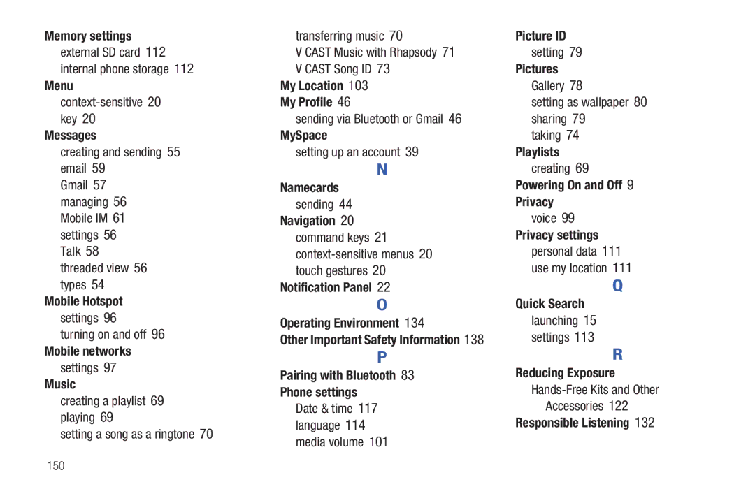 Samsung GH68-2863 Memory settings, Menu, Messages, Mobile Hotspot, Mobile networks, My Location My Profile, MySpace 