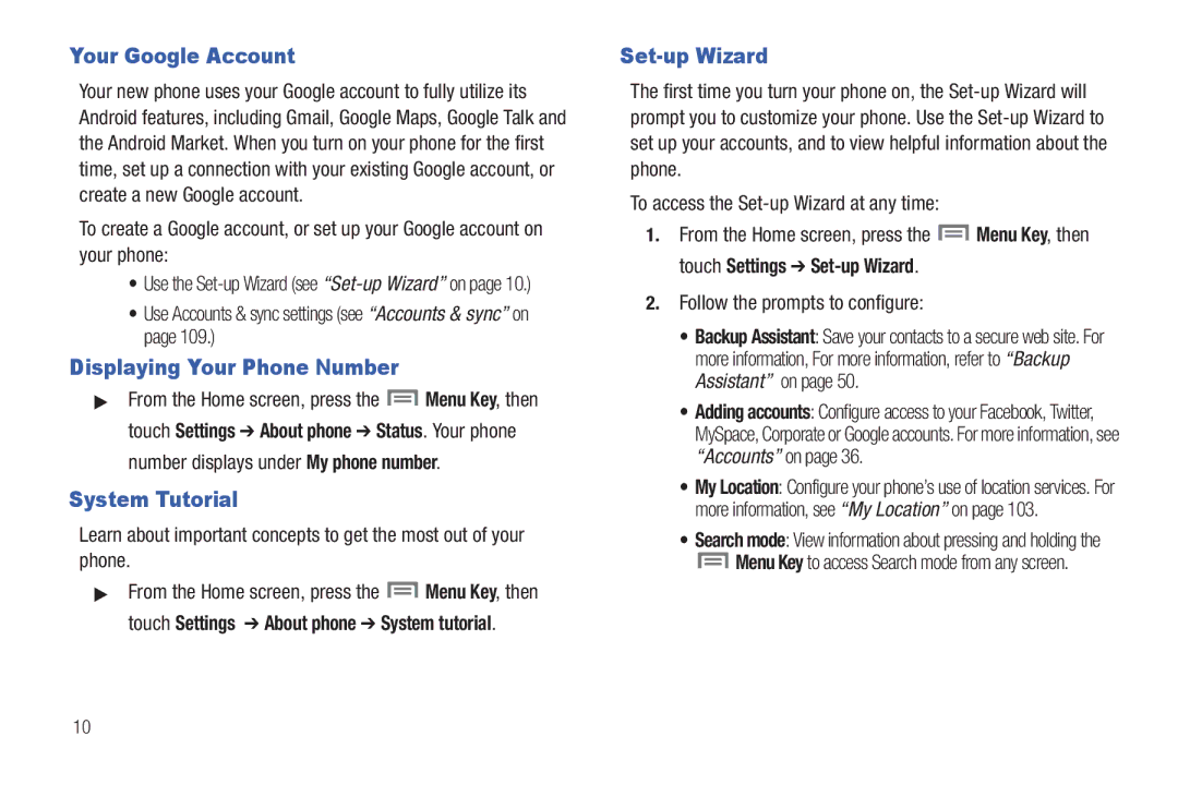 Samsung GH68-2863 Your Google Account, System Tutorial, Set-up Wizard, Use Accounts & sync settings see Accounts & sync on 