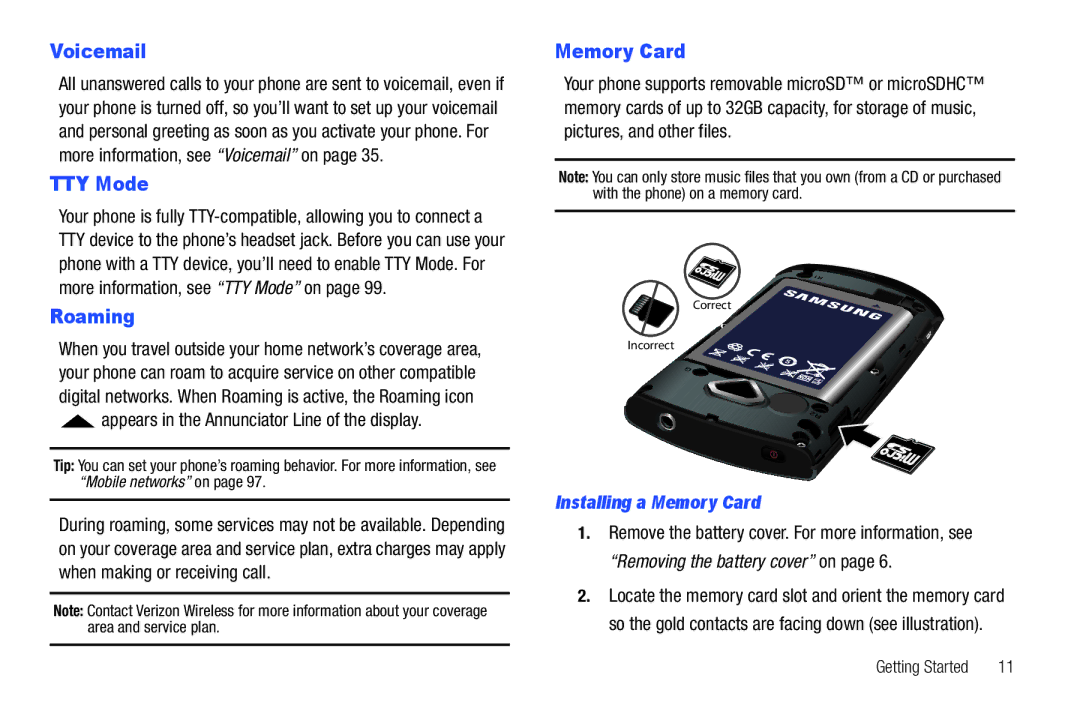 Samsung GH68-2863 user manual Voicemail, TTY Mode, Roaming, Installing a Memory Card 