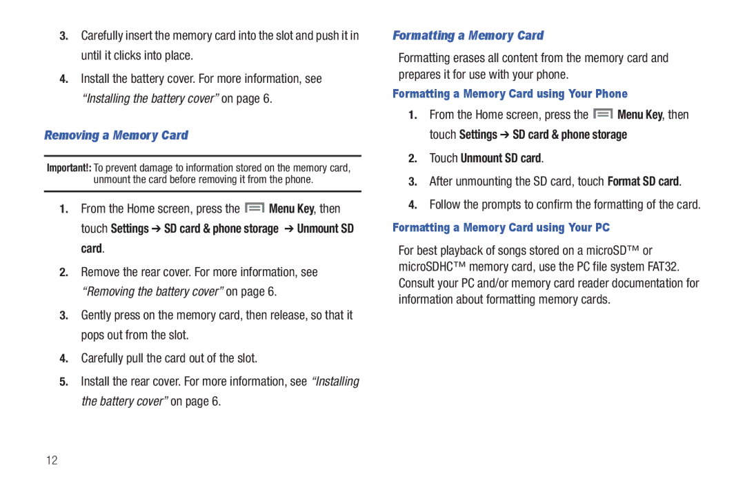 Samsung GH68-2863 user manual Removing a Memory Card, Formatting a Memory Card, Touch Unmount SD card 