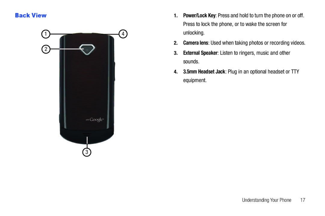 Samsung GH68-2863 user manual Unlocking, Sounds, Equipment, Back View, Press to lock the phone, or to wake the screen for 