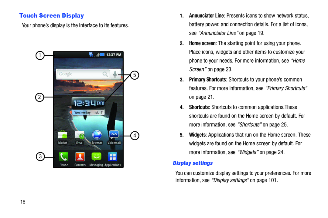 Samsung GH68-2863 user manual Touch Screen Display, Your phone’s display is the interface to its features, Display settings 