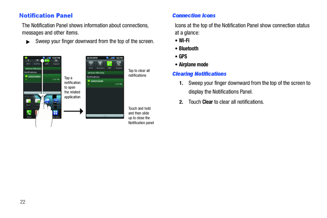 Samsung GH68-2863 user manual Notification Panel, Connection Icons, Clearing Notifications 