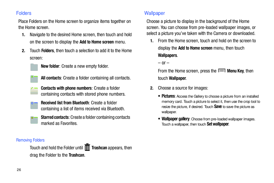 Samsung GH68-2863 user manual Touch Wallpaper, Choose a source for images, Removing Folders 