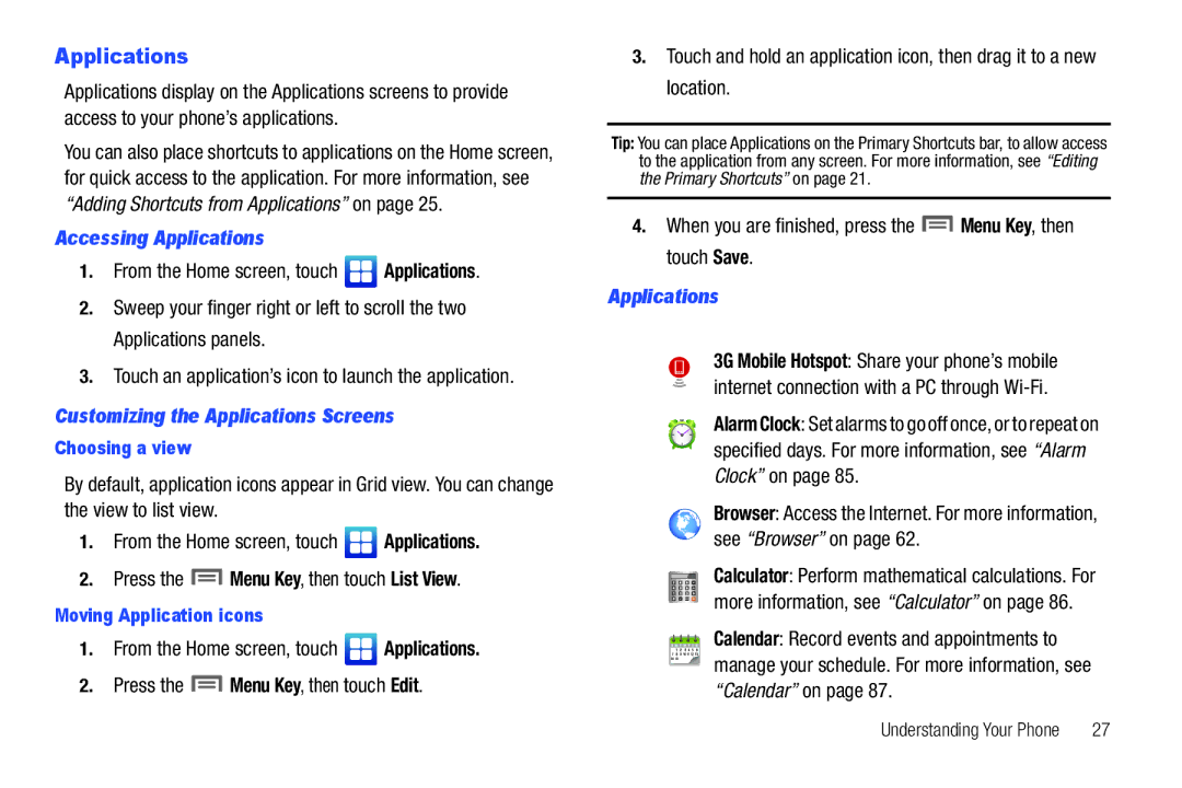 Samsung GH68-2863 user manual Accessing Applications, Customizing the Applications Screens 