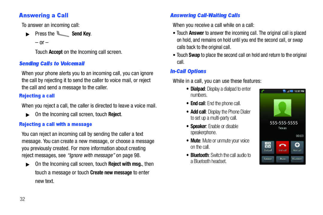 Samsung GH68-2863 user manual Answering a Call, Sending Calls to Voicemail, Answering Call-Waiting Calls, In-Call Options 