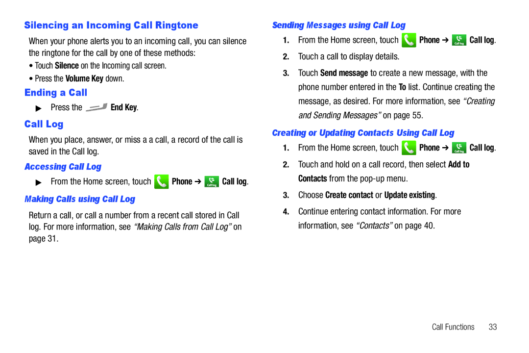 Samsung GH68-2863 user manual Silencing an Incoming Call Ringtone, Ending a Call, Call Log 