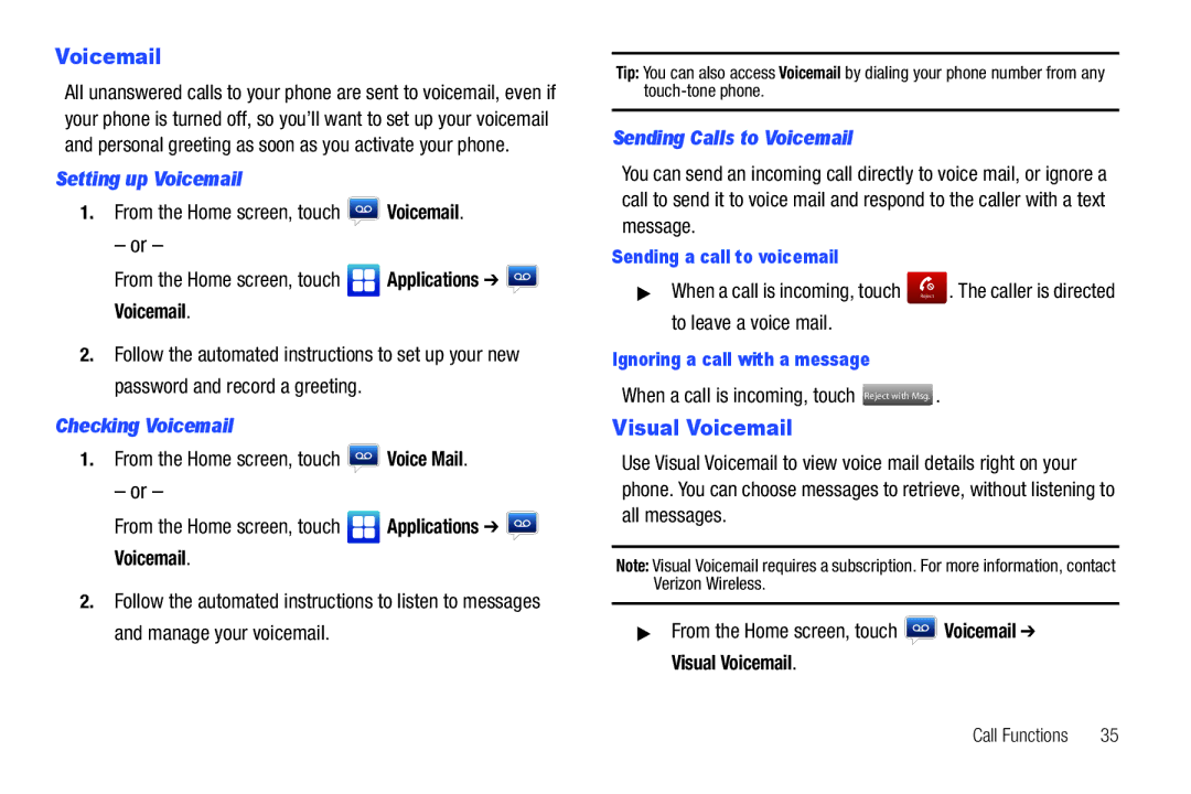 Samsung GH68-2863 user manual Visual Voicemail, Setting up Voicemail, Checking Voicemail 