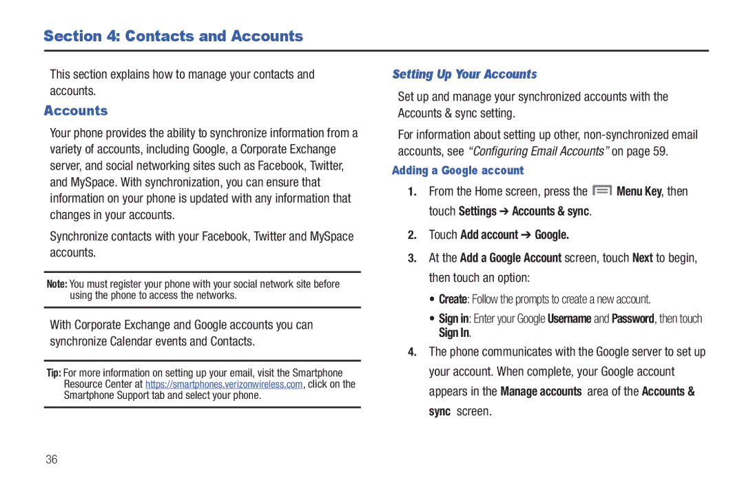 Samsung GH68-2863 Contacts and Accounts, Setting Up Your Accounts, Touch Add account Google, Adding a Google account 