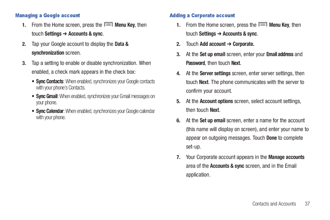 Samsung GH68-2863 user manual Touch Add account Corporate, Managing a Google account, Adding a Corporate account 