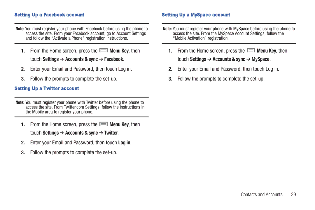 Samsung GH68-2863 user manual Setting Up a Facebook account, Setting Up a Twitter account 