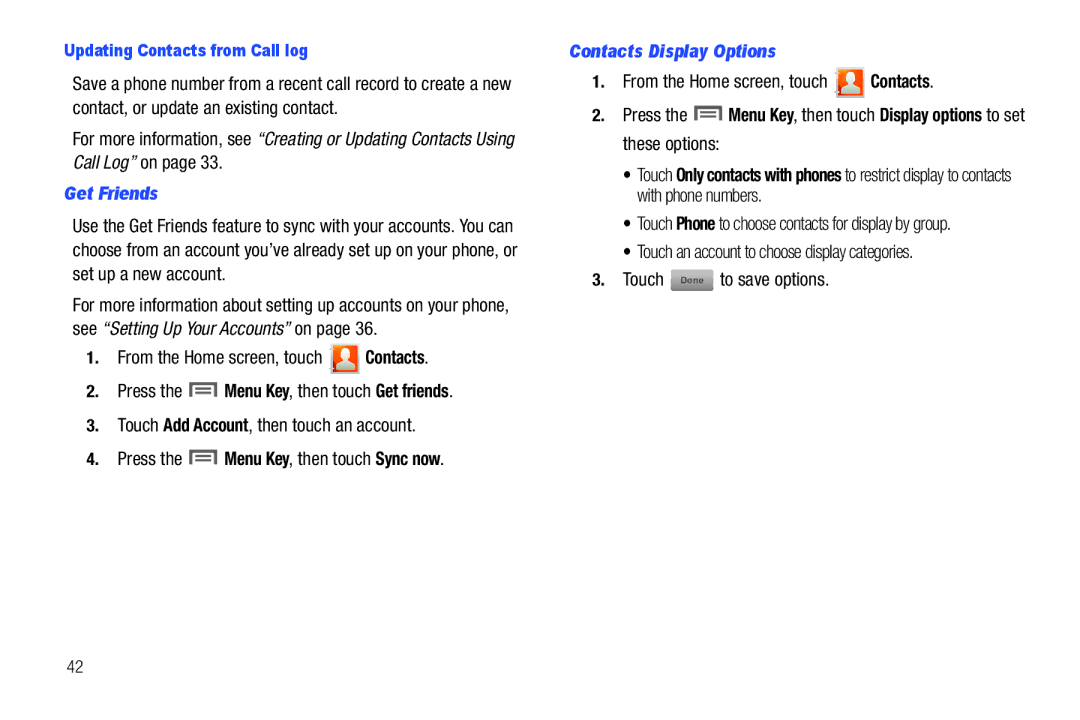 Samsung GH68-2863 user manual Get Friends, Contacts Display Options, Updating Contacts from Call log 