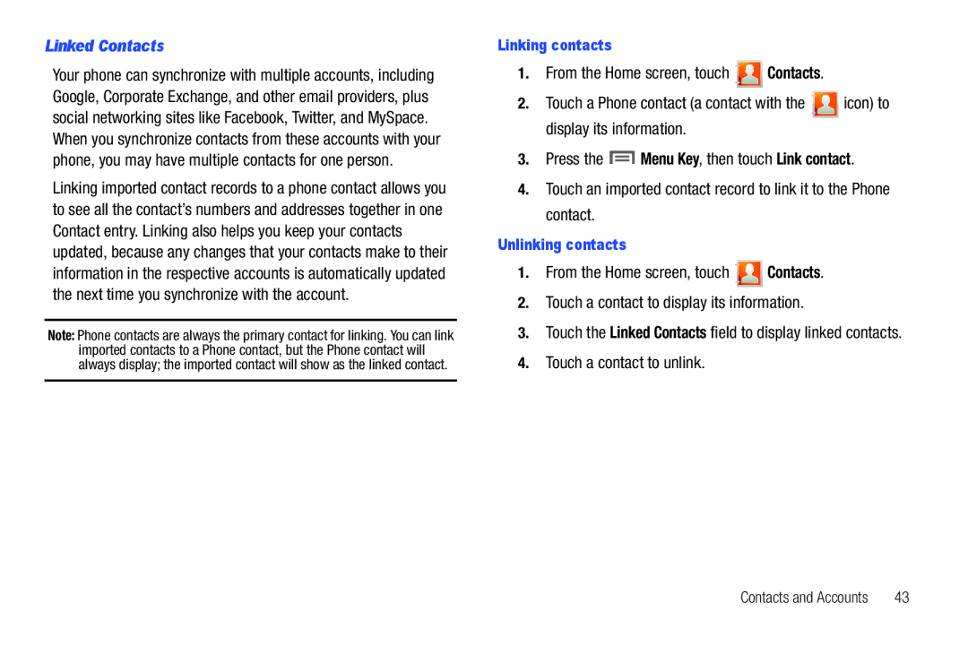 Samsung GH68-2863 user manual Linked Contacts, Touch a contact to unlink, Linking contacts, Unlinking contacts 