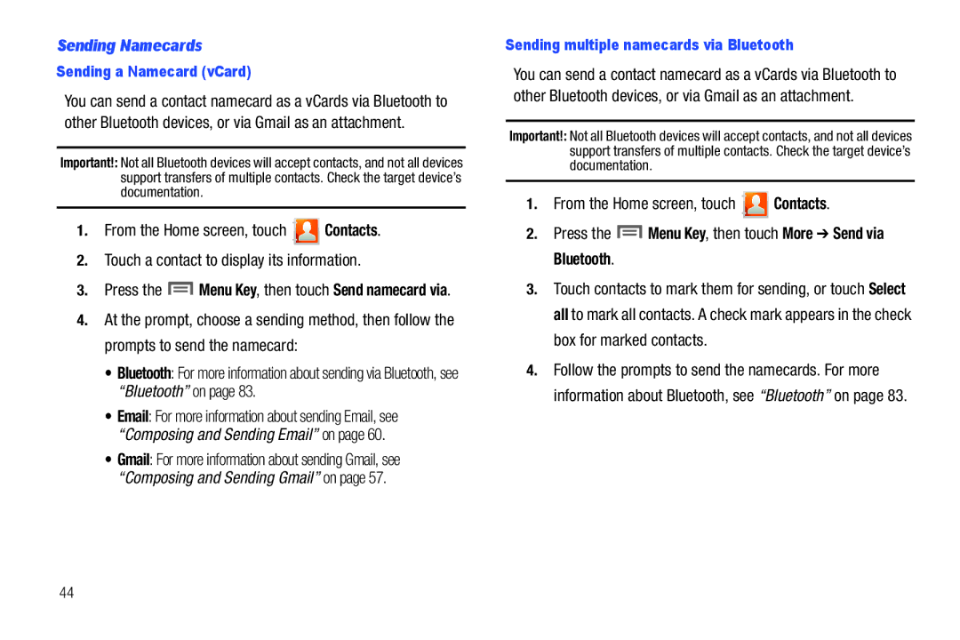 Samsung GH68-2863 Sending Namecards, Press the Menu Key, then touch More Send via Bluetooth, Sending a Namecard vCard 