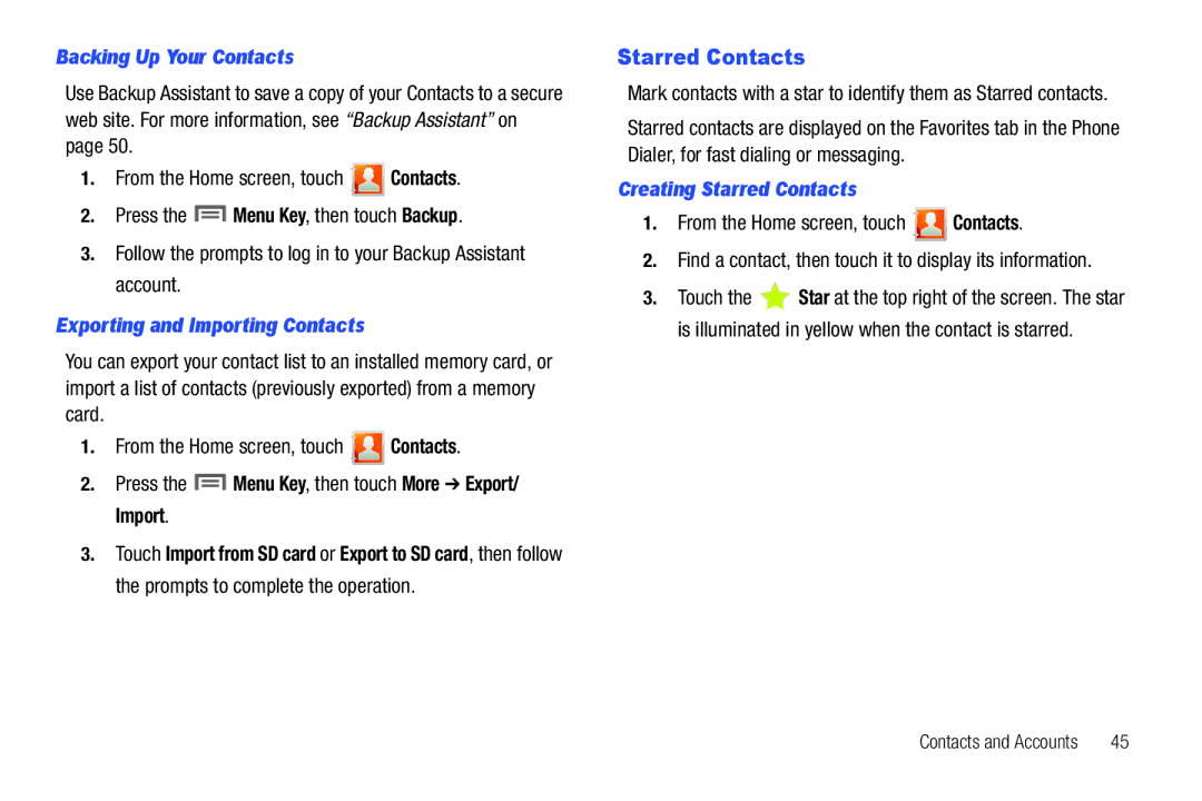 Samsung GH68-2863 user manual Backing Up Your Contacts, Exporting and Importing Contacts, Creating Starred Contacts 