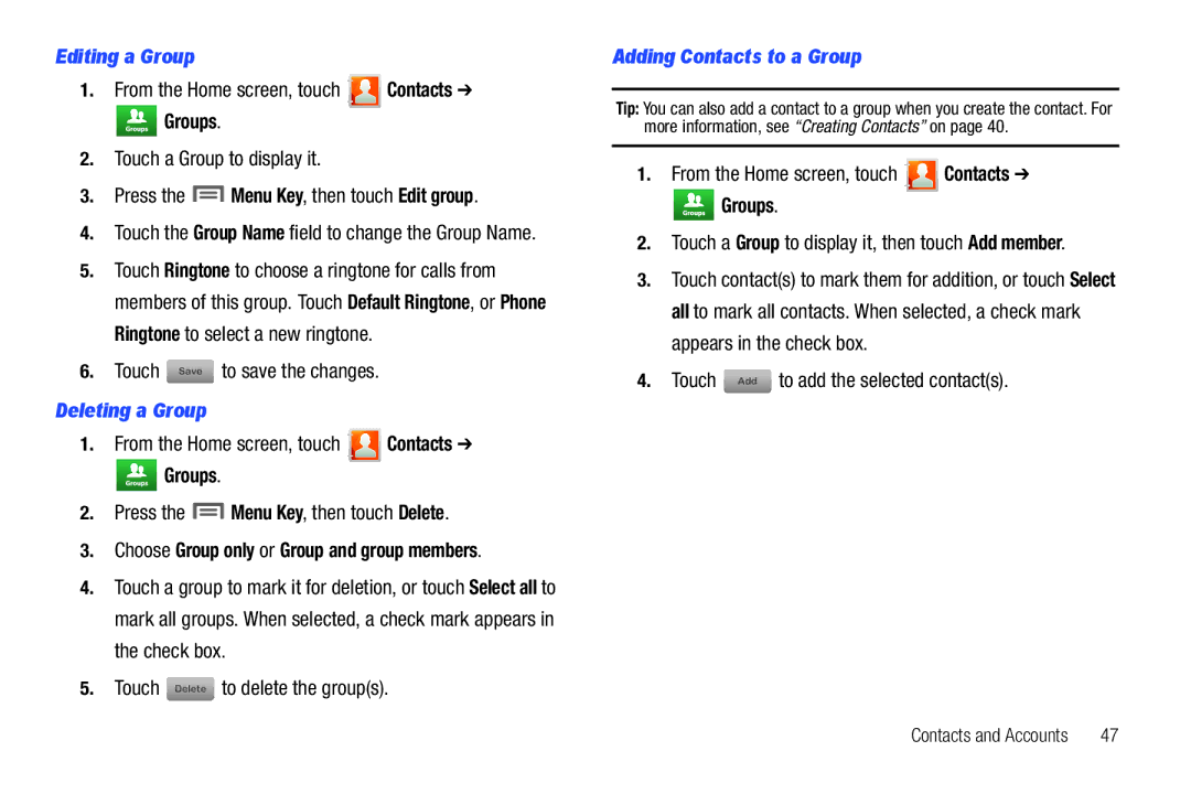 Samsung GH68-2863 user manual Editing a Group, Deleting a Group, Choose Group only or Group and group members 