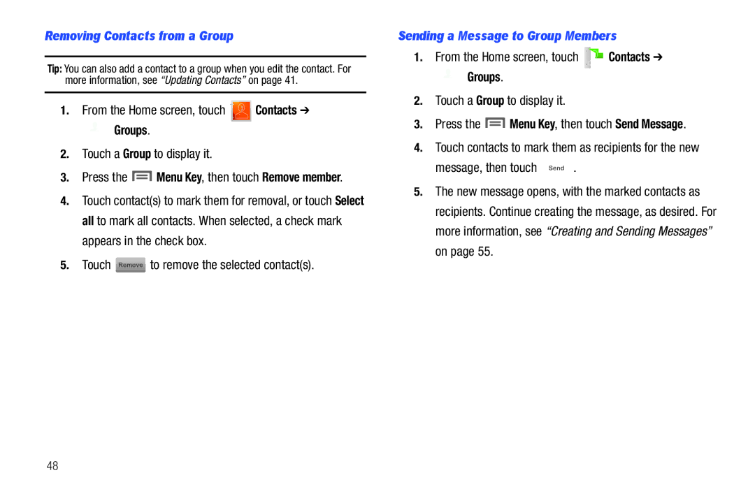 Samsung GH68-2863 Removing Contacts from a Group, Touch a Group to display it, Sending a Message to Group Members 