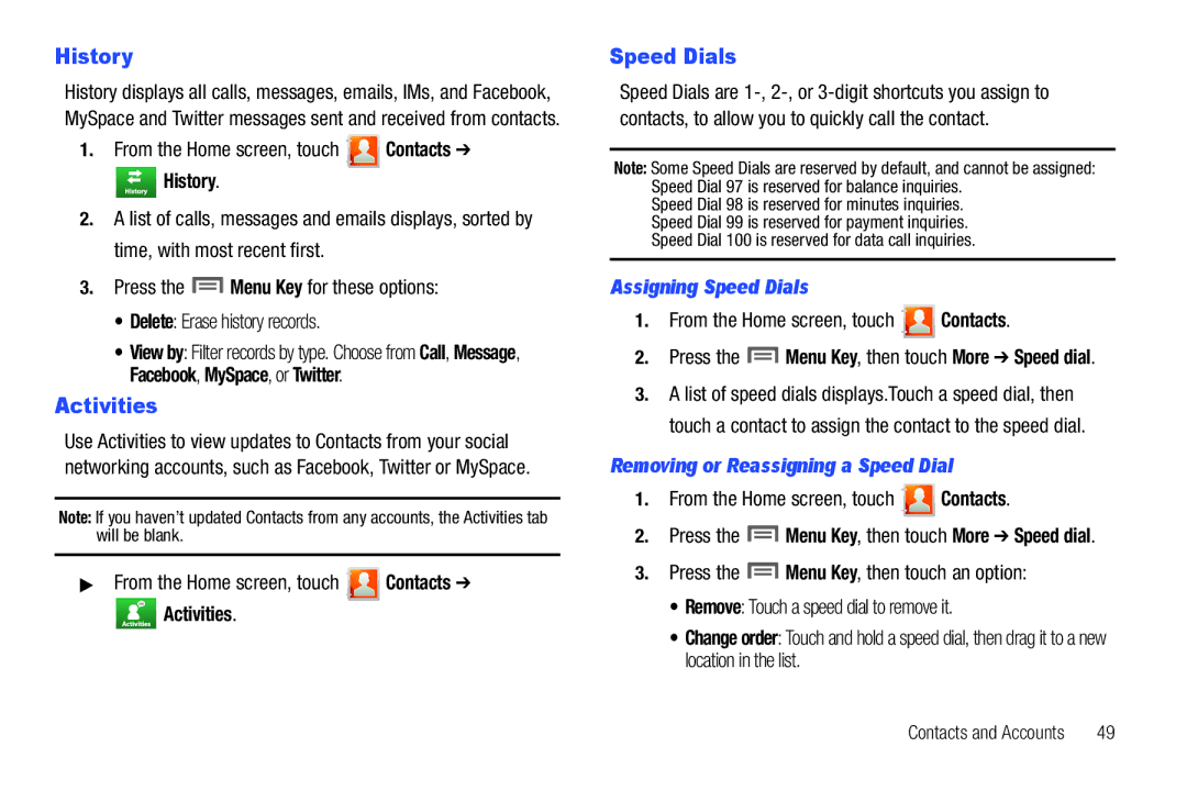 Samsung GH68-2863 user manual History, Activities, Assigning Speed Dials, Removing or Reassigning a Speed Dial 