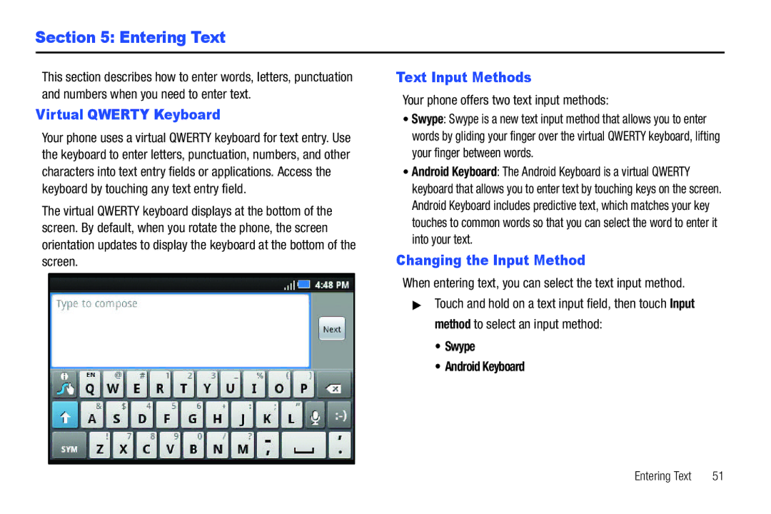 Samsung GH68-2863 user manual Entering Text, Virtual Qwerty Keyboard, Text Input Methods, Changing the Input Method 