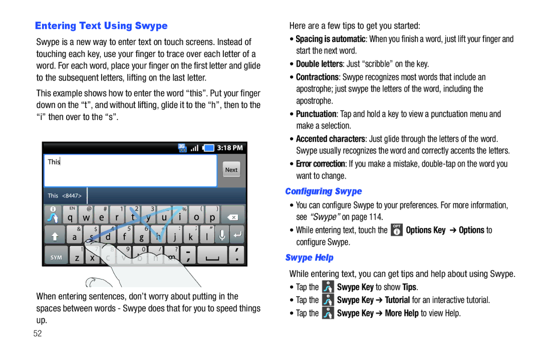 Samsung GH68-2863 user manual Entering Text Using Swype, Configuring Swype, Swype Help, Tap the Swype Key to show Tips 