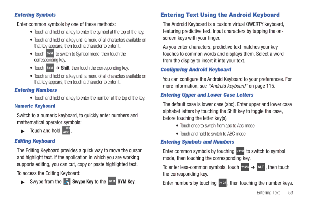 Samsung GH68-2863 user manual Entering Text Using the Android Keyboard 