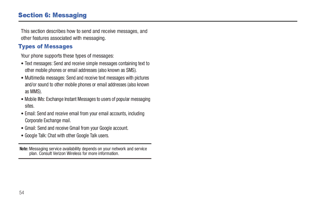 Samsung GH68-2863 user manual Messaging, Types of Messages, Your phone supports these types of messages 