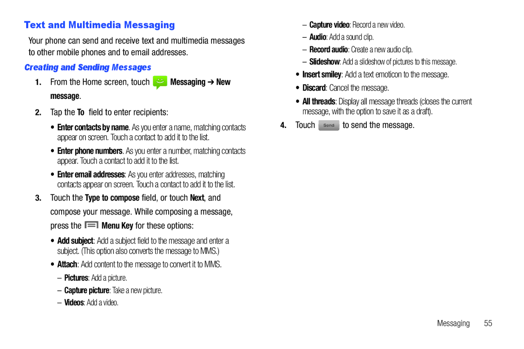 Samsung GH68-2863 user manual Text and Multimedia Messaging, Creating and Sending Messages 