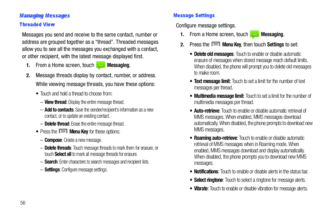 Samsung GH68-2863 Managing Messages, From a Home screen, touch Messaging, Touch and hold a thread to choose from 