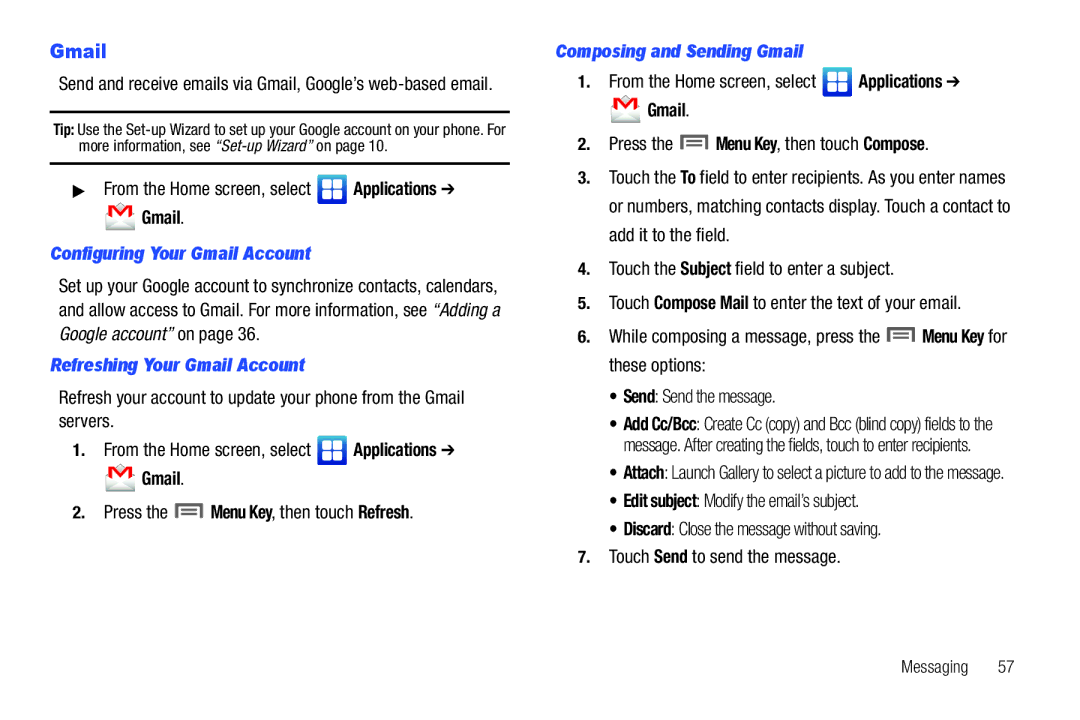 Samsung GH68-2863 Configuring Your Gmail Account, Refreshing Your Gmail Account, Composing and Sending Gmail 