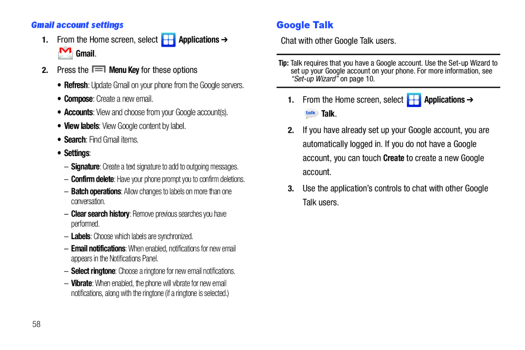 Samsung GH68-2863 user manual Google Talk, Gmail account settings, Settings 