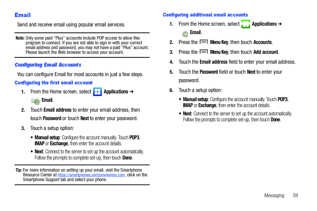 Samsung GH68-2863 Send and receive email using popular email services, Configuring Email Accounts, Touch a setup option 