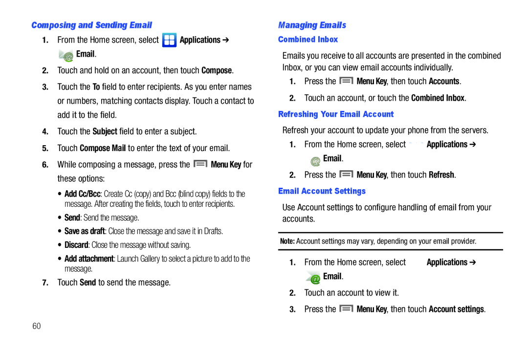 Samsung GH68-2863 user manual Composing and Sending Email, Managing Emails, Combined Inbox, Refreshing Your Email Account 