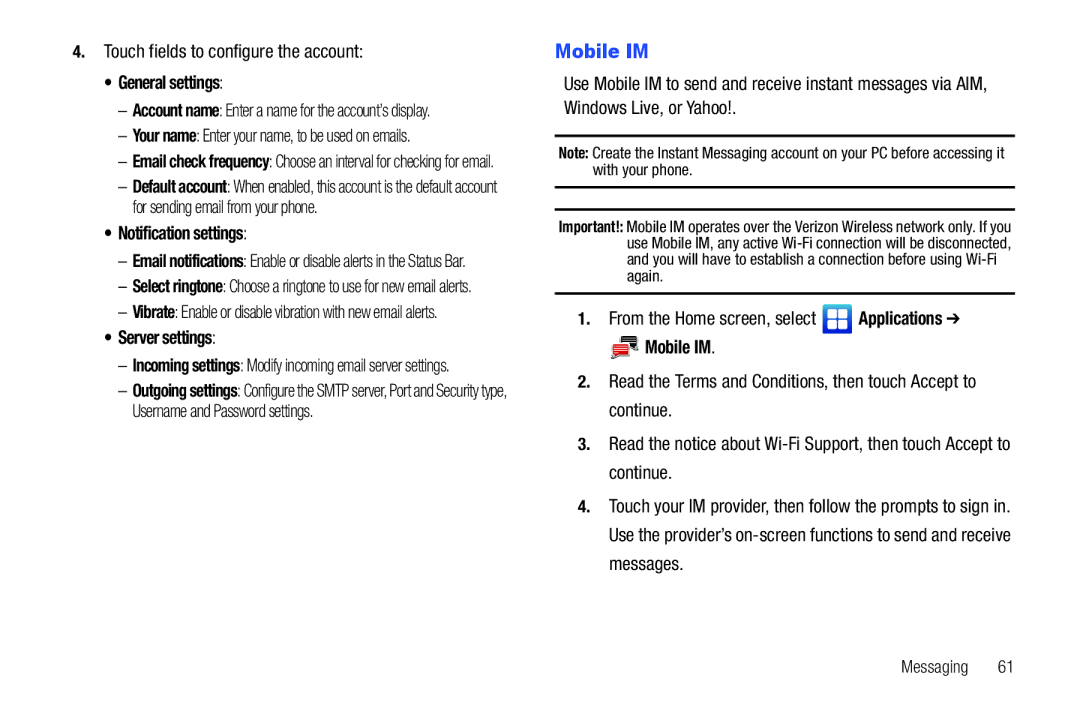 Samsung GH68-2863 Mobile IM, Touch fields to configure the account, Your name Enter your name, to be used on emails 