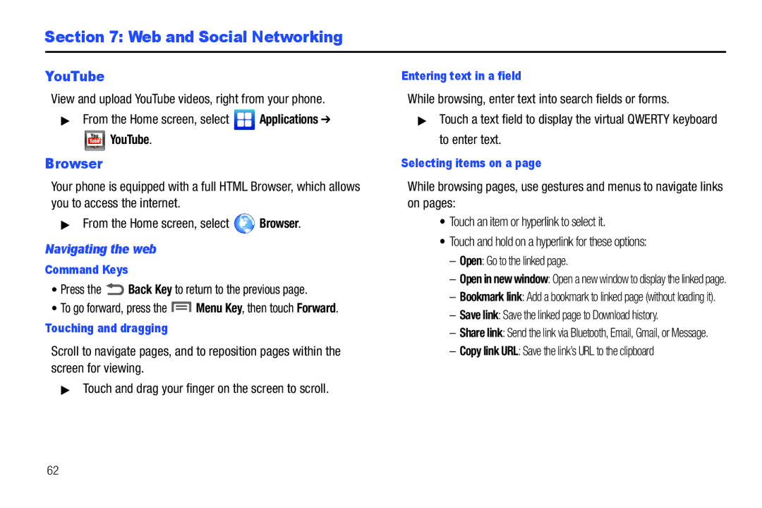 Samsung GH68-2863 user manual Web and Social Networking, YouTube, Browser, Navigating the web 