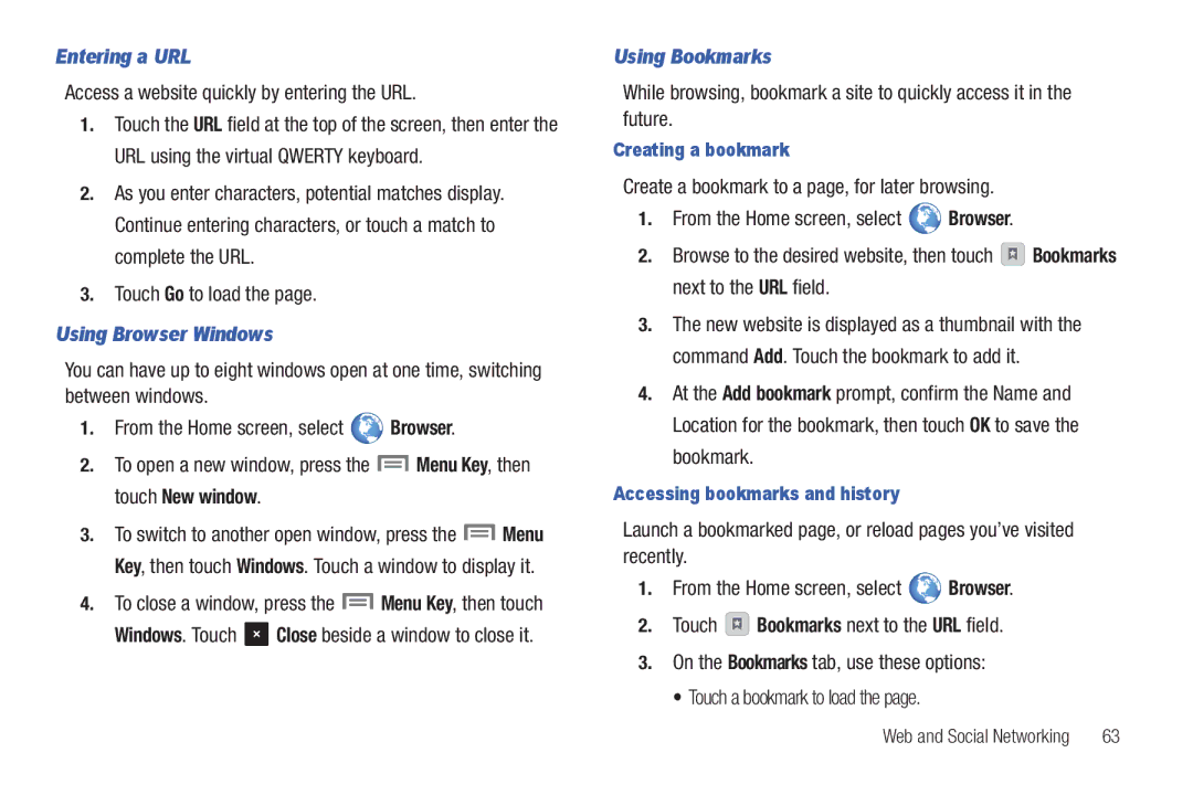 Samsung GH68-2863 Entering a URL, Access a website quickly by entering the URL, Touch Go to load, Using Browser Windows 