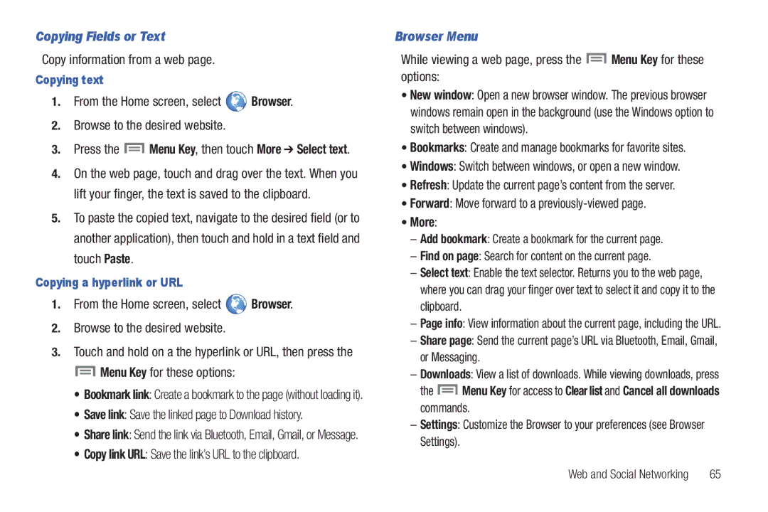 Samsung GH68-2863 user manual Copying Fields or Text, Browser Menu, More 