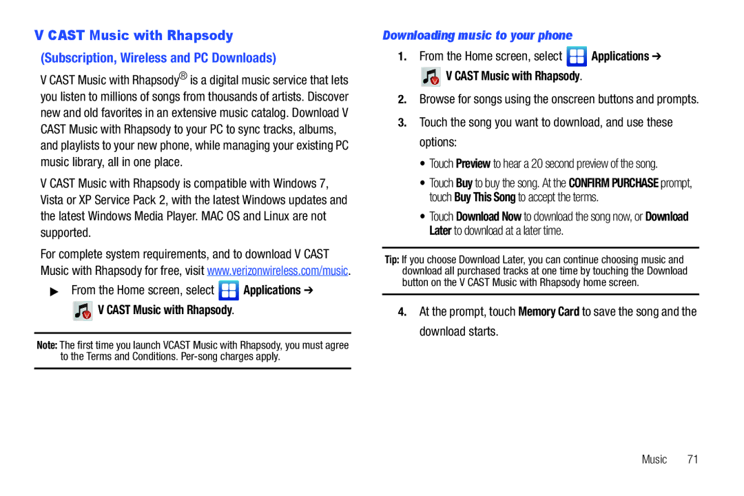 Samsung GH68-2863 user manual Cast Music with Rhapsody, Downloading music to your phone 