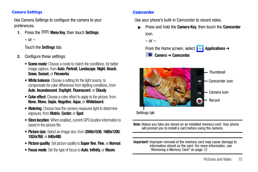 Samsung GH68-2863 user manual Use your phone’s built-in Camcorder to record video, Camera Camcorder, Camera Settings 