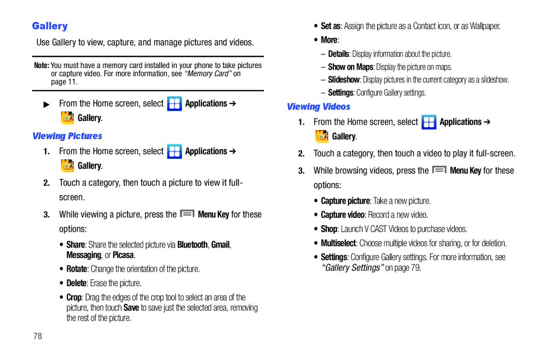 Samsung GH68-2863 user manual Viewing Pictures, Settings Configure Gallery settings, Viewing Videos 